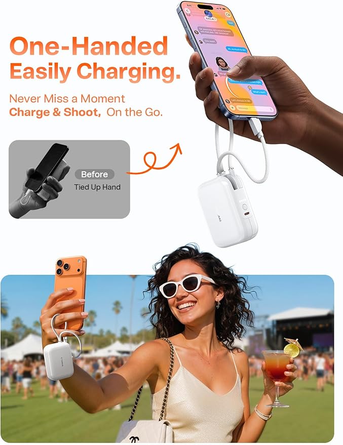 TORRAS 45W Portable Charger, Smallest 10000mAh Power Bank with Built in USB-C Cable, Fast Charging USB C in&Out Battery Pack, Travel Phone Charger for iPhone Air/17/16/15 Series, Samsung, iPad etc