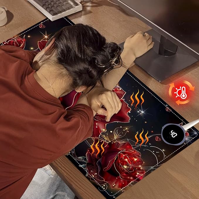 Heated Mouse Pad, Warm Desk Pad, Keyboard Mat 23.6 x 14 Inch Large Size Intelligent Fast Heating, 3 Speed Adjustable, Timed Auto Power Off for Game Office Home, Flowers Roses