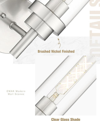 Emak Brushed Nickel Wall Sconce Light, Modern Bathroom Light Fixtures with Clear Glass Shade, 1 Light Wall Lights for Bedroom, Bathroom, Living Room, WS085-BN