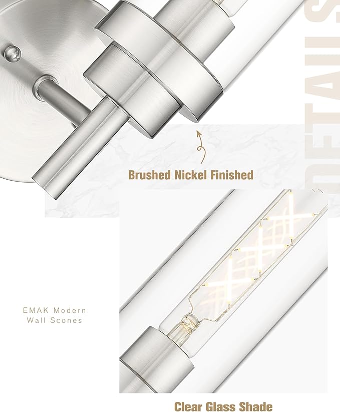 Emak Modern Wall Lights, Brushed Nickel Wall Sconces Set of 2, Bathroom Vanity Light with Clear Glass Shade for Bathroom, Bedroom, Living Room, Hallway, WS085-BN-2PK