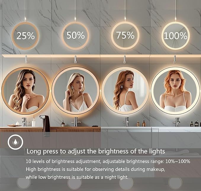 28 Inch Wall-Mounted Round Bathroom Mirror with LED-Lights - Frame Vanity Mirrors (28" x 28", Black)