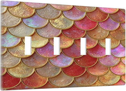 Mermaid Glitter Scale Rainbow Gold Fish Scales Light Switch Covers Quad Toggle Electrical Faceplate 4 Gang Wall Plate Decorative Switch Plates for Bed Room Home Decor