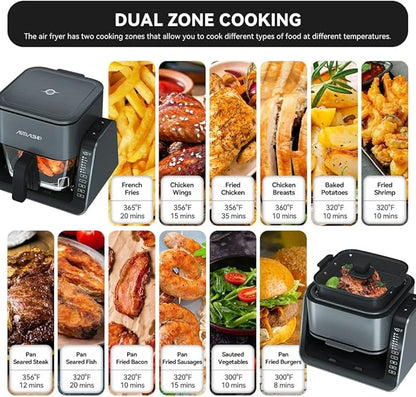 Astralship 2-in-1 Glass Air Fryer & Grill Combo, 4.2 QT + 1.3 QT Capacity, 7 Digital Presets, Small, Non-Toxic See-Through Glass Bowl, Low-Oil Healthy Cooking, Easy to Clean, Multi-Function Design