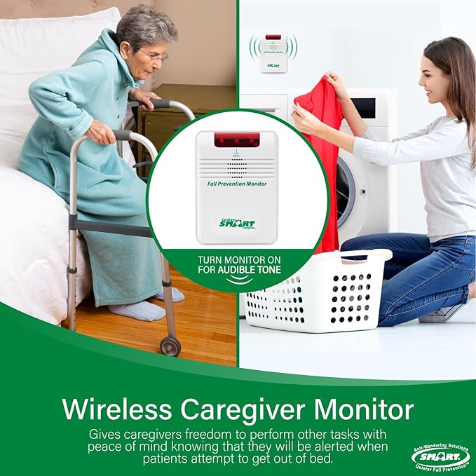 Smart Caregiver Wireless Bed Alarm System - Cordless Weight Sensing Bed Alarm Pad (10” x 30”) with Remote Alert Monitor, Free Individual Cleaning Wipes and Liberty 7 Day Pill Box