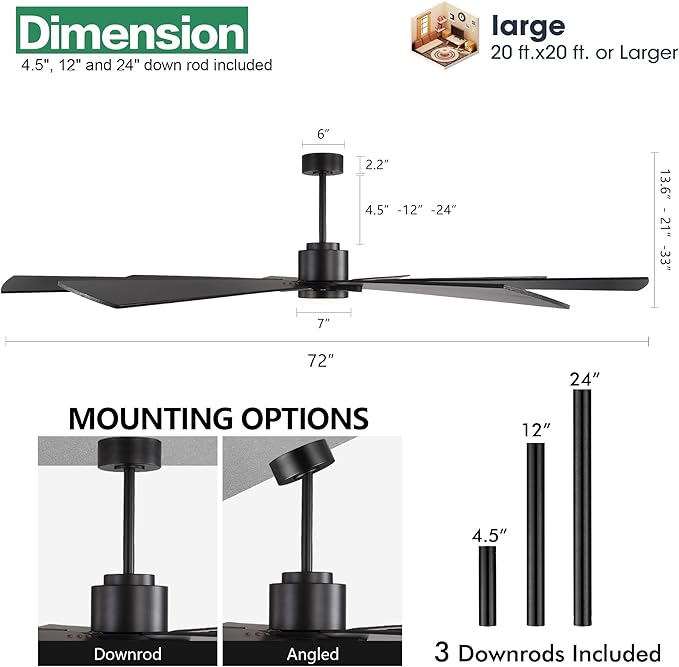 WINGBO 72" DC Ceiling Fan with Lights and 3 Downrods, Matte Black, 8 Plywood Blades, 6-Speed Reversible DC Motor, Large for Kitchen, Bedroom, Living Room