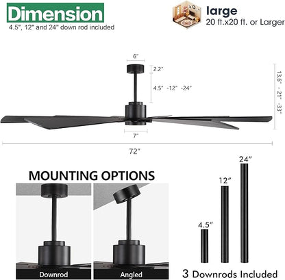 WINGBO 72" DC Ceiling Fan with Lights and 3 Downrods, Matte Black, 8 Plywood Blades, 6-Speed Reversible DC Motor, Large for Kitchen, Bedroom, Living Room