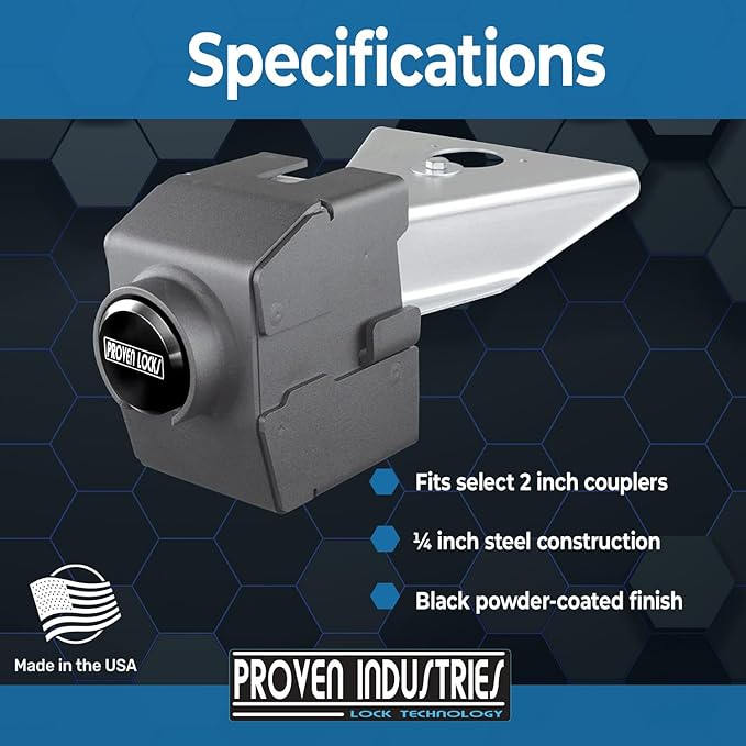 Proven Industries Model 2178-A Trailer Lock, Fits 2-Inch Yoke-Latch Trailer Couplers, Secures Safety Chains, Made in The USA, (Black)