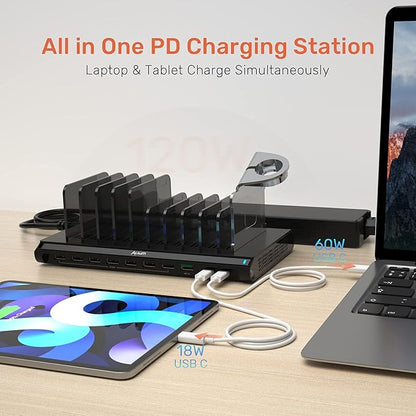 Alxum 120w 10 Port Charging Cradle with 6 USB-A Chargers 2 Qc3.0 2 PD 18W Fast Charging with Watch Stand Suitable for A Wide Range of Devices with Overvoltage, Overcurrent, and Overcharge Protection