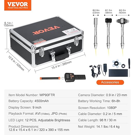 VEVOR Sewer Camera with 512Hz Locator, 98 ft/30 m, 9" Drain Inspection Camera with Self-Leveling, 36X Zoom, Plumbing Camera with Lights-12 LED, 32GB Card, IP68 Waterproof Snake Camera for Duct Pipe