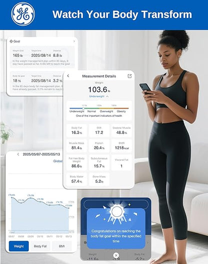 GE Smart Scale for Body Weight and Fat, Digital Bathroom Scales with LED Display BMI Body Fat - Bluetooth 13 Body Composition Monitor for Muscle Mass People with App, Accurate 400lb Weighing
