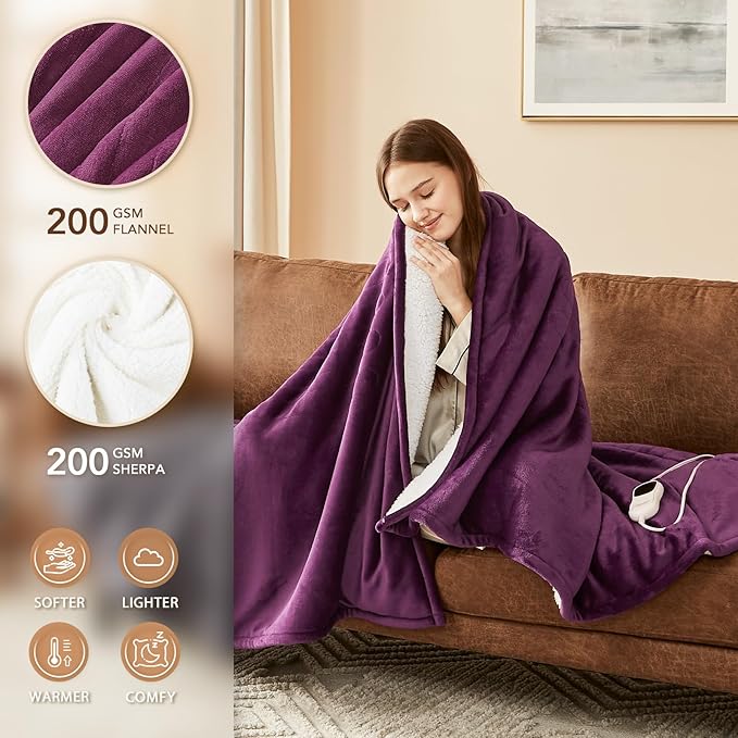 Homemate Electric Heated Blanket Full Size - 72"x84" Heating Blanket Full Size 1/2/4/6/8 Hours Auto-Off 10 Heat Level Over-Heat Protection Flannel Sherpa ETL Certification