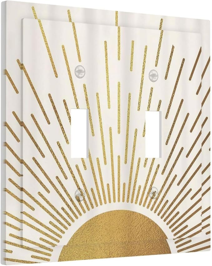 Decorative Light Switch Cover Plate Boho Mid Century Gold Sun Sunbeams 2 Gang Outlet Covers Double Toggle Wall Plates for Electrical Outlets Switch Plate Covers Faceplate for Bedroom Decor