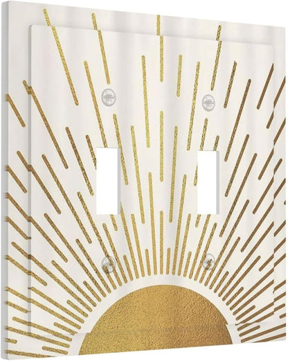 Decorative Light Switch Cover Plate Boho Mid Century Gold Sun Sunbeams 2 Gang Outlet Covers Double Toggle Wall Plates for Electrical Outlets Switch Plate Covers Faceplate for Bedroom Decor