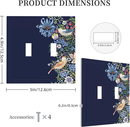 Decorative Light Switch Cover Plate Vintage Blue Morris Strawberry Thief Bird Flower 2 Gang Wall Plate Oversized Double Toggle Two Switch Wall Cover Plate Dual Faceplate