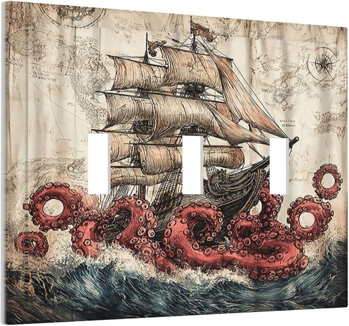 Decorative Switch Plates Vintage Octopus Ocean Sailboat Bizarre Adventure 3 Gang Wall Plate Faceplate Triple Toggle Light Switch Cover Electrical Wall Panels for Bathroom Kids room Decor