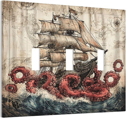 Decorative Switch Plates Vintage Octopus Ocean Sailboat Bizarre Adventure 3 Gang Wall Plate Faceplate Triple Toggle Light Switch Cover Electrical Wall Panels for Bathroom Kids room Decor