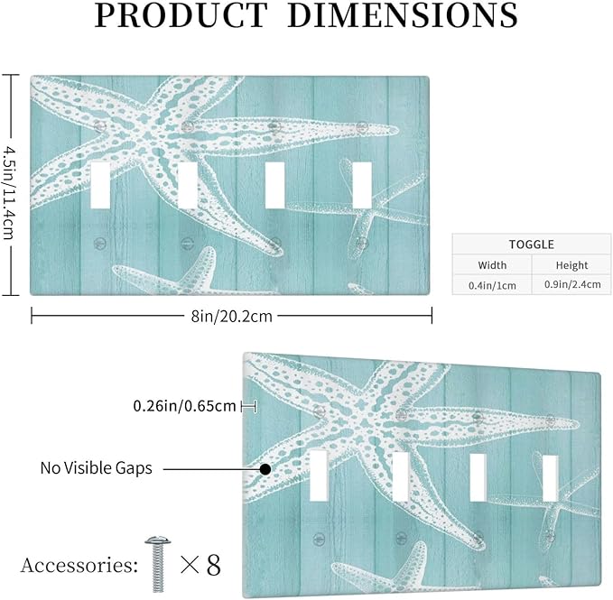 Decorative Light Switch Cover Plate Starfish Teal Wood Board Nautical 4 Gang Wall Plates for Electrical Outlets Quad Toggle Switch Plate Covers Outlet Covers Faceplate for Bedroom Home Decor