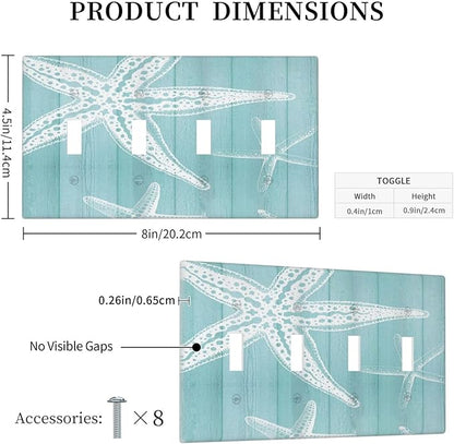 Decorative Light Switch Cover Plate Starfish Teal Wood Board Nautical 4 Gang Wall Plates for Electrical Outlets Quad Toggle Switch Plate Covers Outlet Covers Faceplate for Bedroom Home Decor