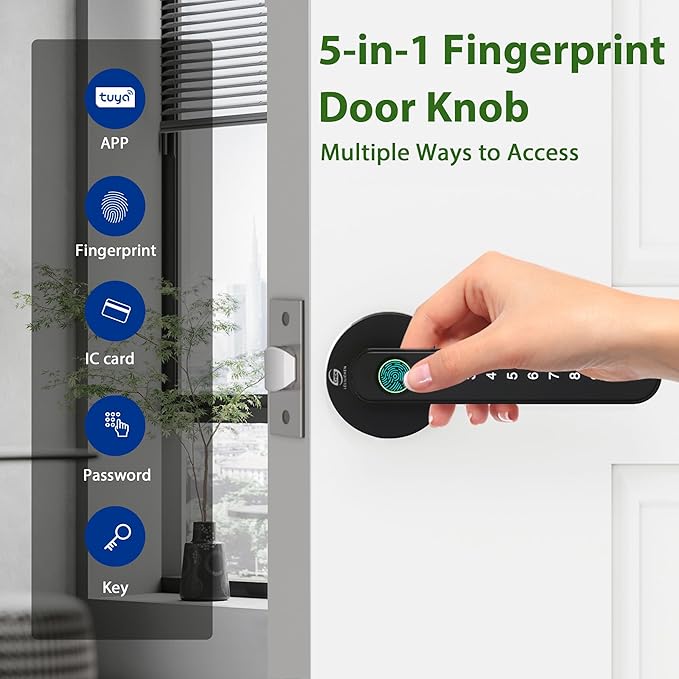 Smart Electronic Fingerprint Door Lock, Keyless Entry with Handle, Codes, APP, IC Cards, Fingerprints, Keys, for Home Bedroom Apartment (Black)