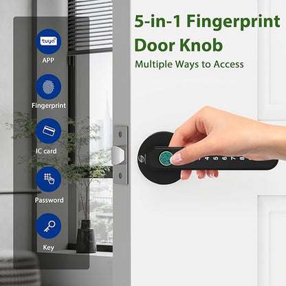 Smart Electronic Fingerprint Door Lock, Keyless Entry with Handle, Codes, APP, IC Cards, Fingerprints, Keys, for Home Bedroom Apartment (Black)