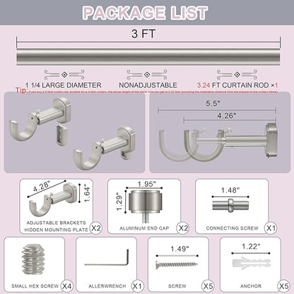 Heavy Duty Curtain Rods - 1 1/4" Large Diameter Premium Nonadjustable Curtain Rod - 36in/3ft Custom Window Treatment Rods with Durable Aluminum Brackets and End Caps,Brushed Nickel Finish