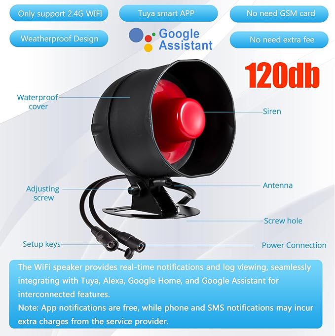 WiFi Alarm Home Security System, 120dB Alarm System with Motion Sensor and Remote Control, Wireless Alarm System for Shed Garage Alarm