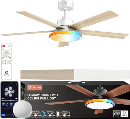 Lumary 52'' Smart Ceiling Fan with RGBAI Lights Remote, RGB & Stepless Color Temperature, Work with Alexa/Google/App, 46 Scenes, Modern Flush Mount Low Profile Ceiling Fan for Bedroom Kids Room, White