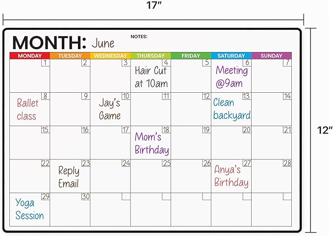 Refrigerator Calendar Magnetic Dry Erase - 17 x 12 iches Magnet Calendar for Fridge, Monday Start | Family Schedule Board, to-Do List & Work | Include 5 Markers & Eraser by Freedom Mastery
