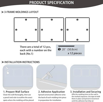 3-Frame 20" x 20" Premade Accent Wall Molding Kit, Ready-to-Assemble Wainscoting Panels, Pre-Cut Chair Rail Moulding Trim Picture Frame for Home Décor