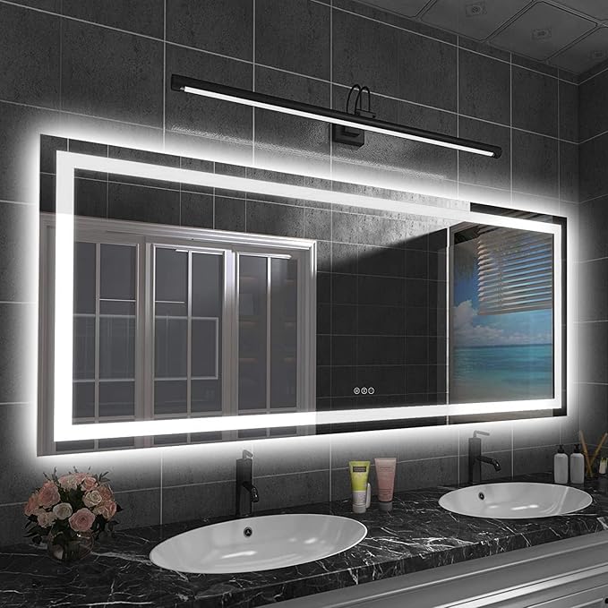 Amorho LED Bathroom Mirror, 72" X32" with Front and Backlight, Large Dimmable Wall Mirrors with Anti-Fog, Shatter-Proof, Memory, 3 Colors, Double LED Vanity Mirror
