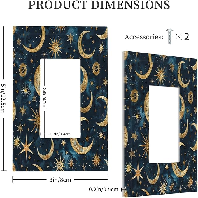 Decorative Outlet Covers Modern Abstract Sky Blue Gold Moon Sun Star 1 Gang Single Rocker Light Switch Cover Plate Wall Plates GFCI Faceplate for Bedroom Kids room Decor