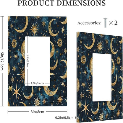 Decorative Outlet Covers Modern Abstract Sky Blue Gold Moon Sun Star 1 Gang Single Rocker Light Switch Cover Plate Wall Plates GFCI Faceplate for Bedroom Kids room Decor