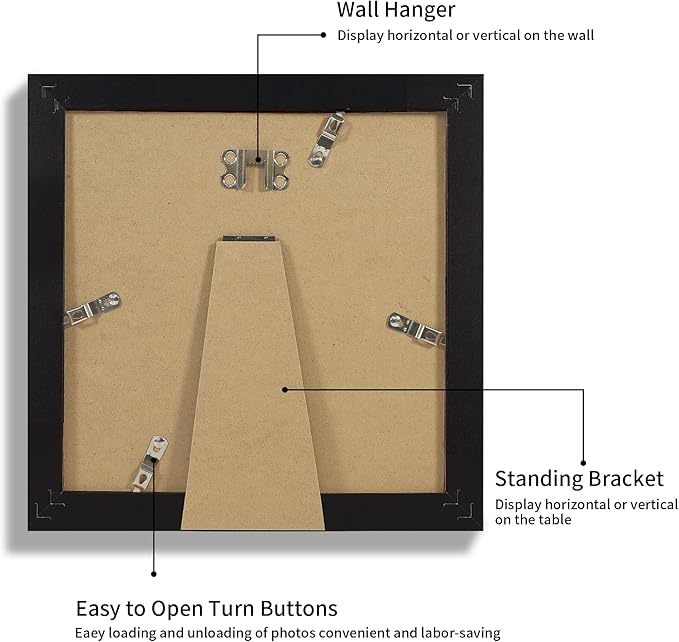 iRahmen 8x8 Picture Frame with HD Tempered Glass, Display Pictures 6x6 with Mat or 8 x 8 Without Mat, Wood Photo Frames for Tabletop and Wall Mount (Black, 1 Pack)