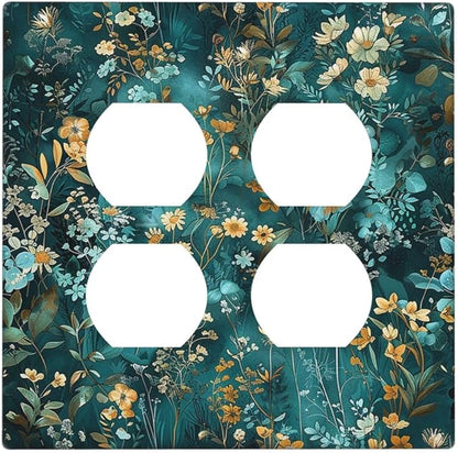 Outlet Covers Green Leaf Floral Boho Golden Flower Plant 2 Gang Double Duplex Decorative Light Switch Covers Electrical Wallplates Socket Faceplate For Bed Room Cabin Decor