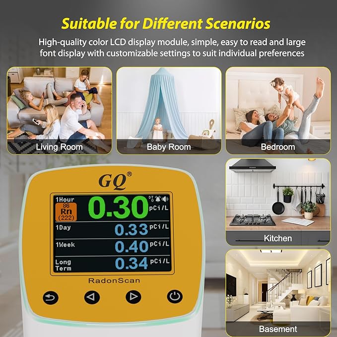GQ Radon Detector Radonscan Home Radon Monitor Alpha Radiative Gas Radiation Design in USA Large Color Display Short and Long Term continuously Monitor Accurate Fast Sensitive Data Saving