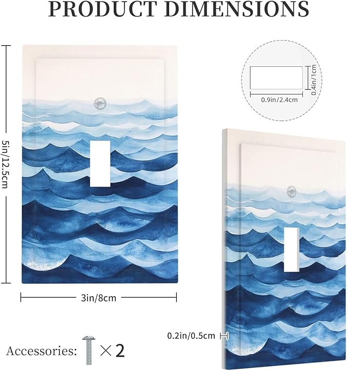 Decorative Light Switch Cover Plate Blue Watercolor Textured Abstract Ocean Wave 1 Gang Single Toggle Wall Plate Electrical Outlet Covers Decorate Switch Plate Cover for Bedroom living Room Decor
