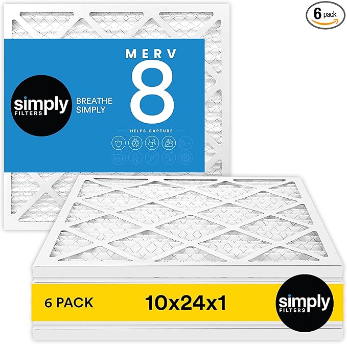 Simply 10x24x1 Air Filter, Merv 8, 6 Pack, For Home AC Furnace & HVAC (Actual Size: 9.75"x23.75"x0.75") DUST, Pet, & Allergy Control