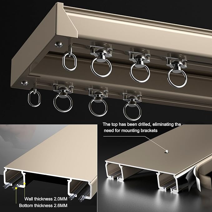 Ceiling Mounted Curtain Track System - Double Rails for Curtains & Drapes - Room Dividers - Sliding Curtain Rail for Window (champagne, 3m)