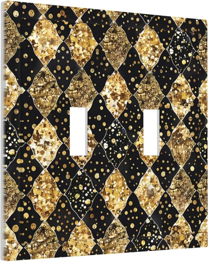 Gold Black Marble Geometric Plaid Glitter Decorative Switch Plates 2 Gang Double Toggle Outlet Light Switch Cover Wall Plate Electrical Faceplate for Bedroom Bathroom Decor