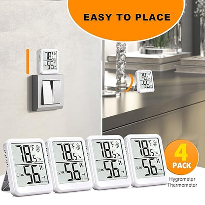 4-Pack Room Thermometer Indoor Hygrometer, Small Digital Temperature and Humidity Monitor Sensor, Temperature Humidity Gauge Meter for Home Baby Room, Plants, Pets - AAA Battery Included