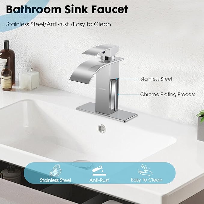 Waterfall Bathroom Faucet, Modern Bathroom Sink Faucet Suit for 1&3 Hole,Single Handle Commercial Sink Faucet,Chrome