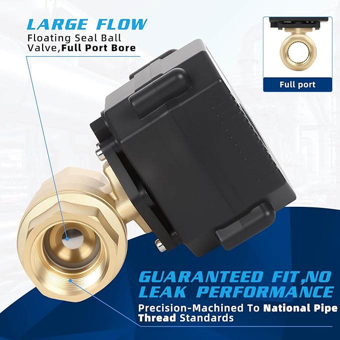 1" Motorized Ball Valve Brass - 2 Wire Auto Return Electric Water Valve with Full Port, 9-24V AC/DC Automatic Ball Valve