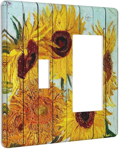 Outlet Covers Sunflowers Oil Paintings Wood Floral 1 Toggle 1 Rocker Combination Decorative Wall Plate Electrical Switch Plates Light Switch Cover Plate For Farmhouse Bed Room Decor