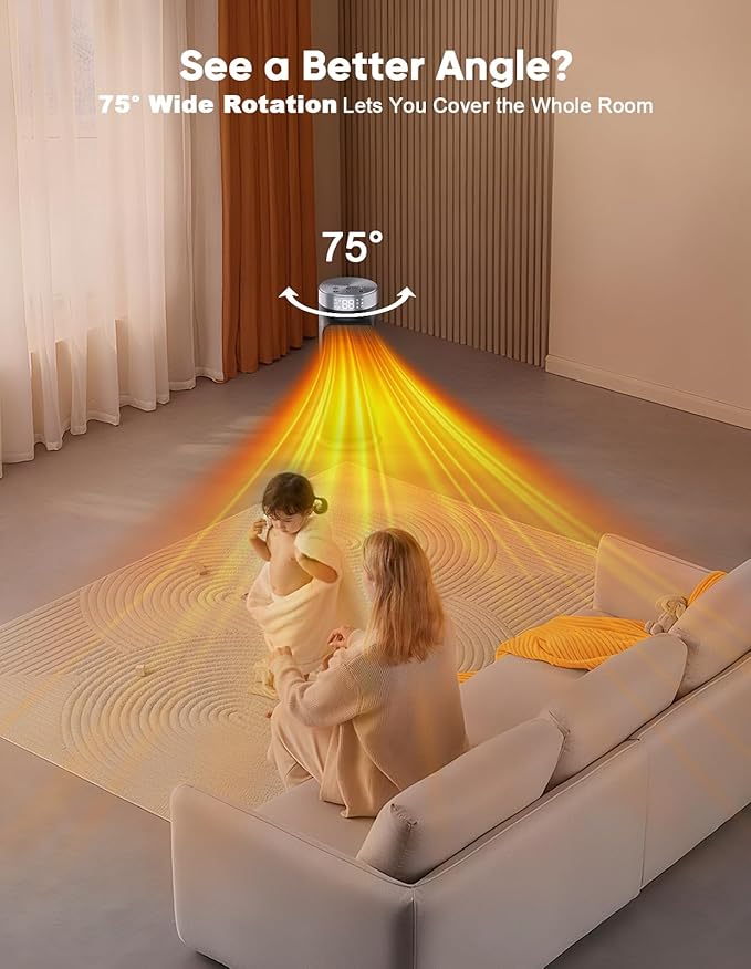 1500W PTC Space Heater with Remote Control, Portable Electric Heaters for Indoor Use, Ceramic Heater for Office, 75°Oscillation, 24H Timer, 5 Modes, Safe Quiet Room Heater for Bedroom