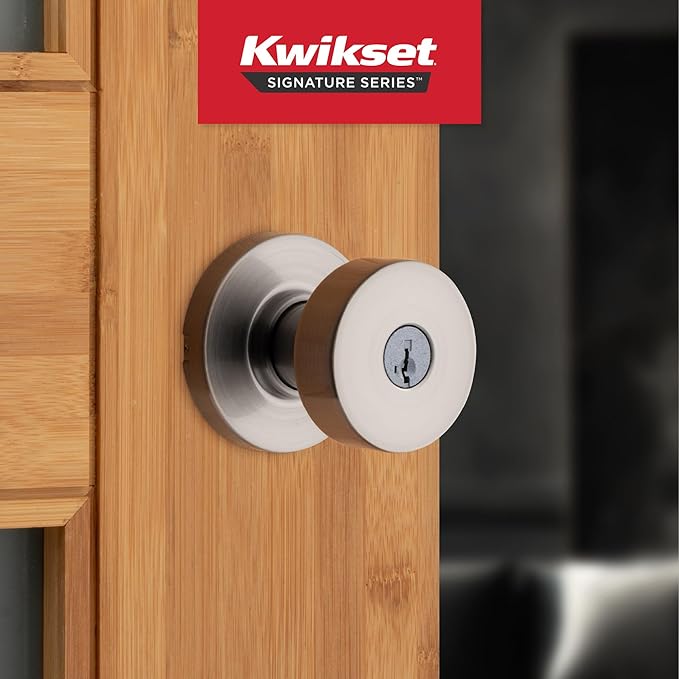 Kwikset Pismo Entry Door Knob with Lock and Key, Secure Keyed Handle Exterior, Front Entrance and Bedroom, Satin Nickel, 10 Pack, Pick Resistant SmartKey Rekey Security and Microban