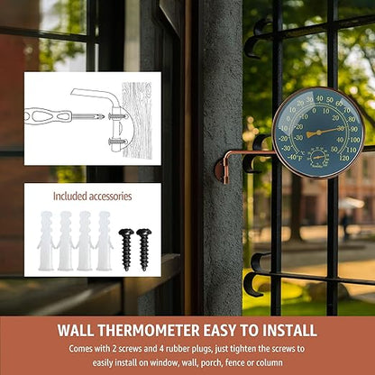 6-Inch Outdoor Thermometer and Humidity Gauge, Window Thermometer for Outside Temperature and Humidity Monitor, Brass Analog Dial, Battery-Free for Patio, Garage, Greenhouse, Garden, Wall