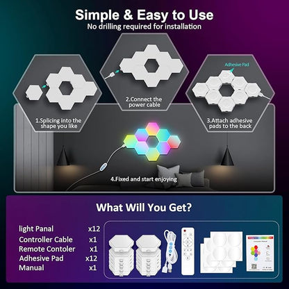 Hexagon LED Lights 12 Pack - RGB Wall Panels with Music Sync, Smart App & Remote Control, DIY Modular Hex Light for Gaming Room, Bedroom, Living Room, Wall Decor