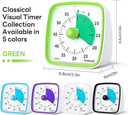 Yunbaoit Visual Timer with Night Light, 60-Minute Countdown Timer for Kids and Adults, Silent Classroom Timer, Time Management Tool for Home, School, or Work (Light Green)