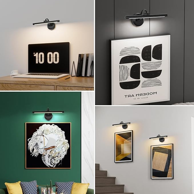 Rechargeable Picture Light for Wall, Cordless Art Lights Battery Operated, Dimmable Wall Light with Remote & Timer, 3 Color Modes for Paintings, Gallery, Artwork(Black, 15.7inch)