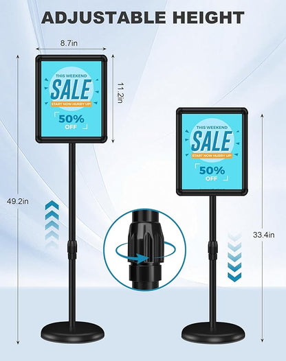 2 Pack Sign Holder Stand 8.5x11 inch for Display, Height Adjustable Floor Standing Signage Stand with 360° Rotated Snap Open Frame for Malls, Schools, Advertising, Outdoor Poster Stand